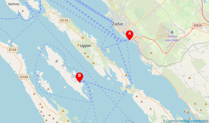 Map of ferry route between Zadar and Brsanj